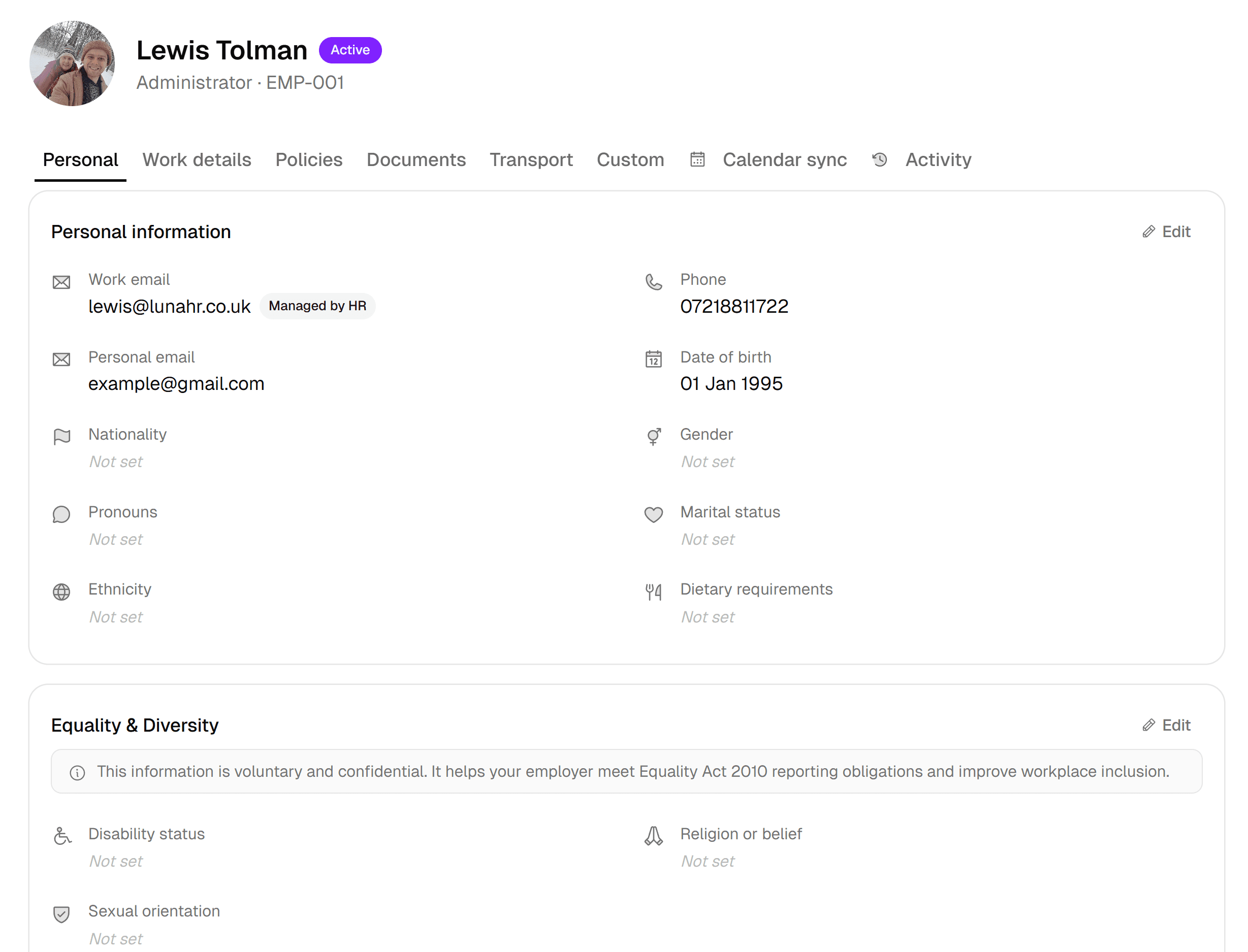 LunaHR — employee profile