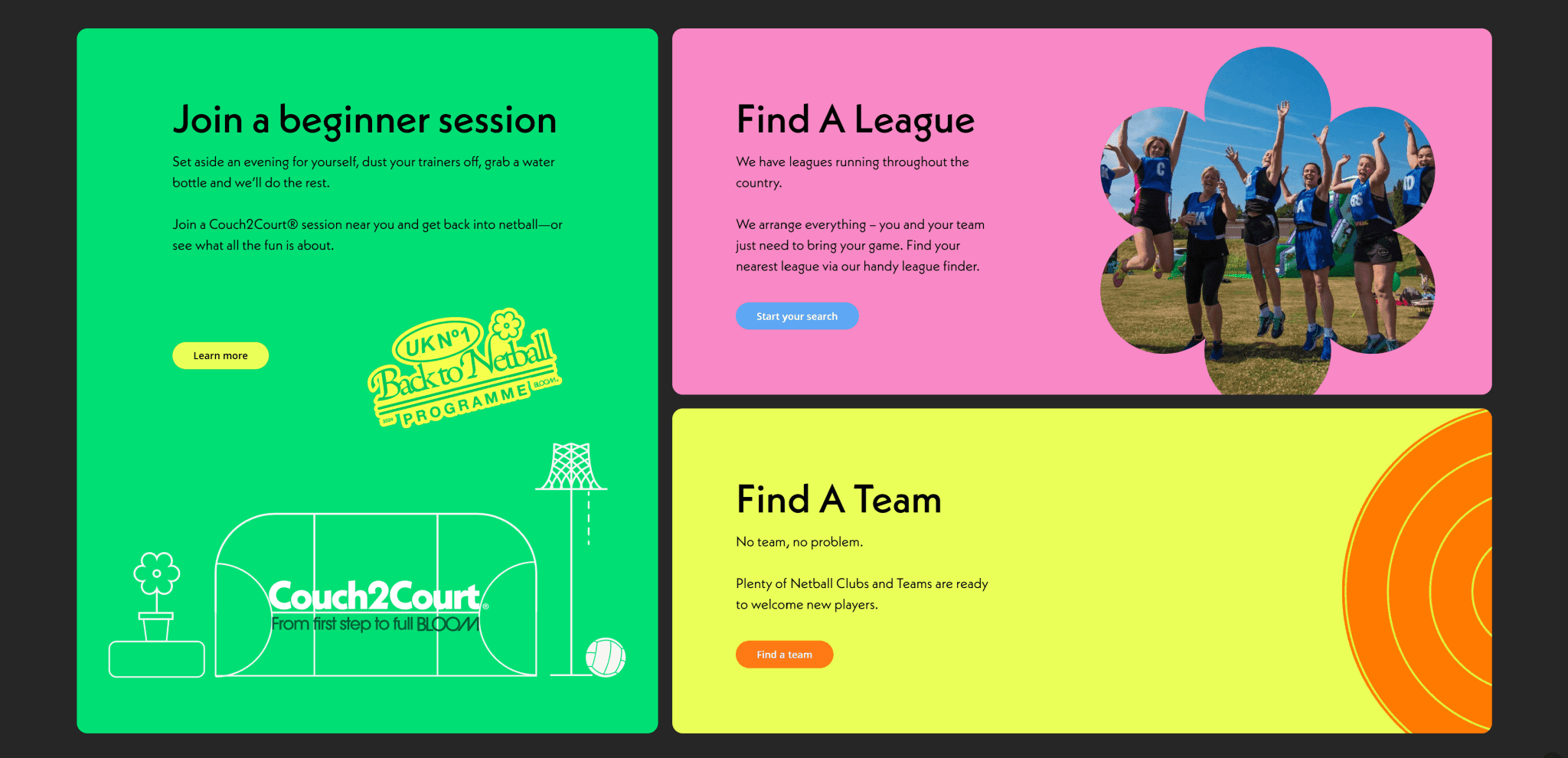 Landing page component CTA grid Bloom Netball developed by A2ZTECH